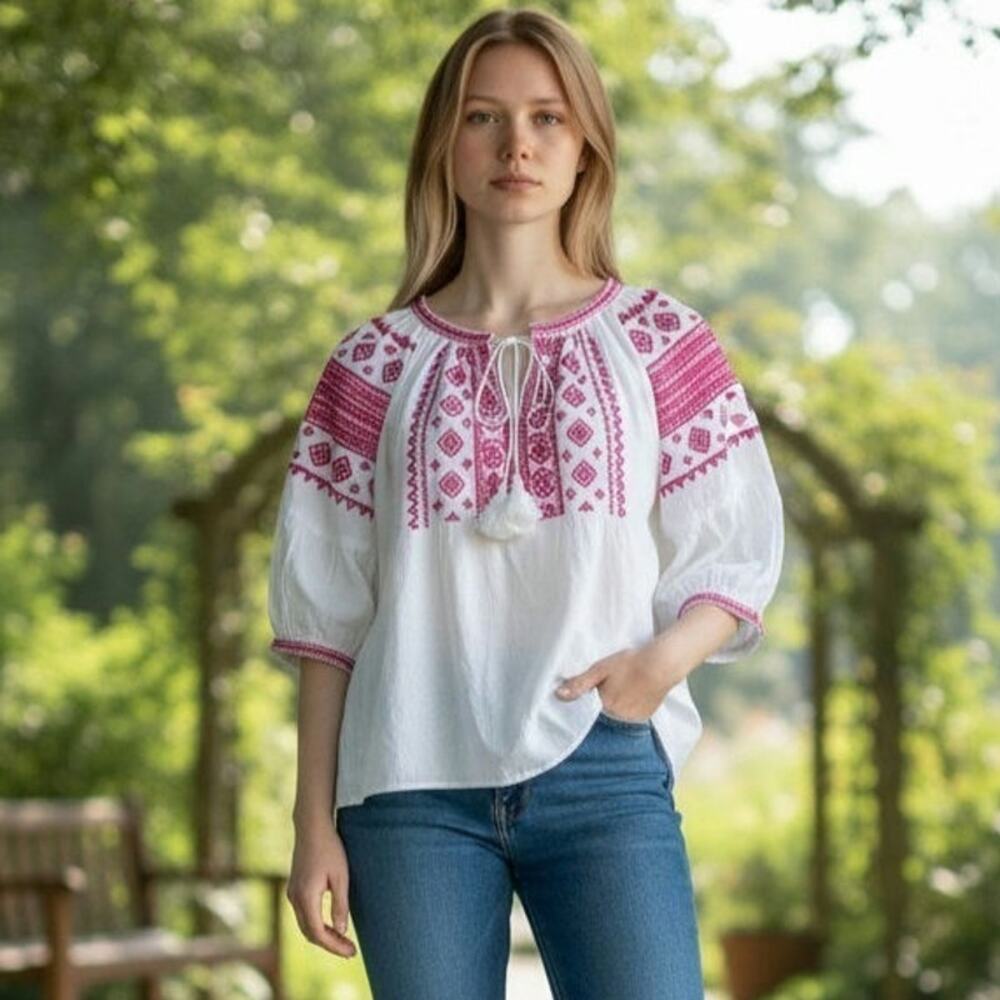 ALAMWAR SALMA RED EMBROIDERED SUMMER BLOUSE, SIZE S
